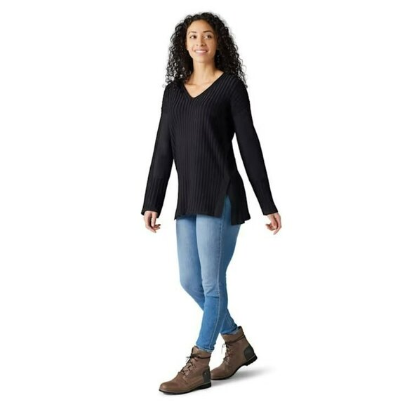 Smartwool Shadow Pine VNeck Rib Sweater M Charcoal Heather Heavy Knit Flare Slit - Picture 12 of 12
